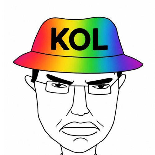 $KOL mascot — a frowning normie wearing a rainbow KOL hat